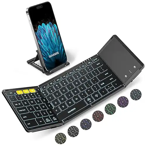 Samsers Foldable Bluetooth Keyboard with Touchpad, Full-Size Wireless Folding Keyboard with Backlight, Portable Travel Keyboard for iOS Android Windows Mac OS, Support 3 Device(BT5.1 x 3), Black